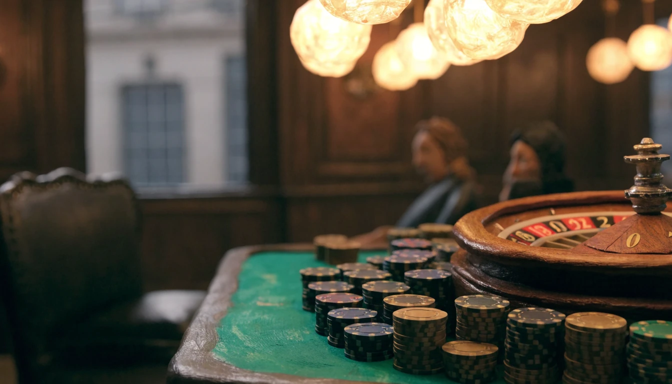 Elegant London casino interior with stacked chips and a roulette wheel on a green baize table under warm lighting.