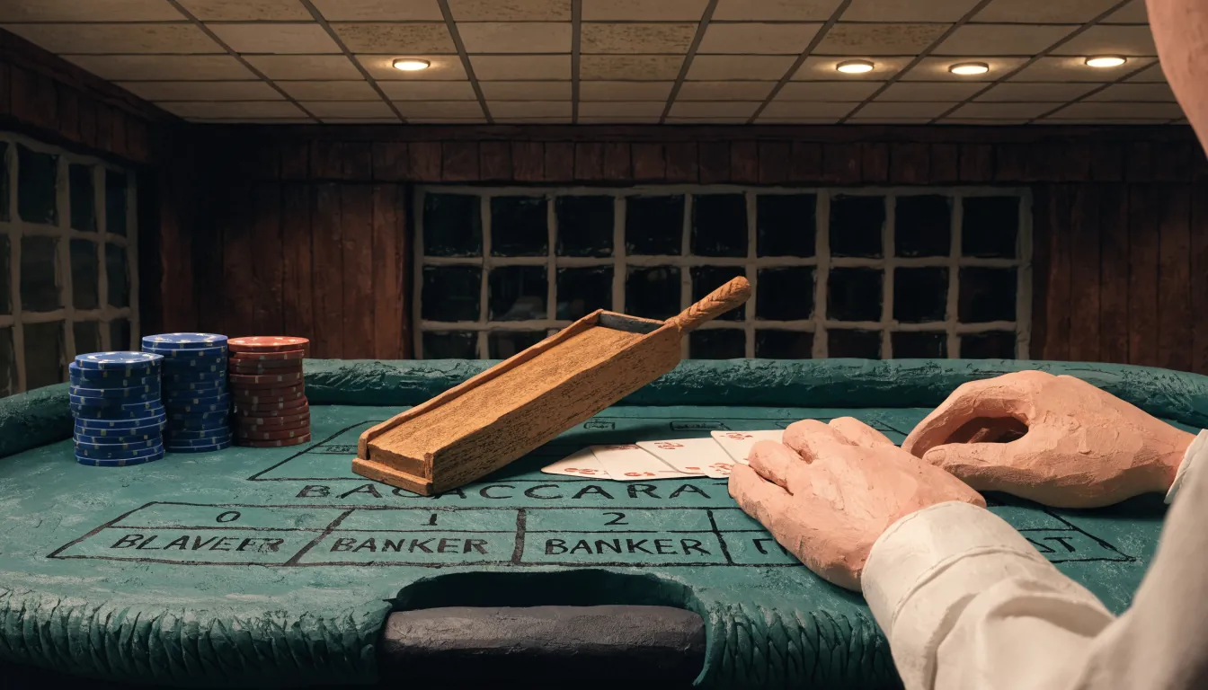 Baccarat table with chips and croupier's hands in a UK casino studio.
