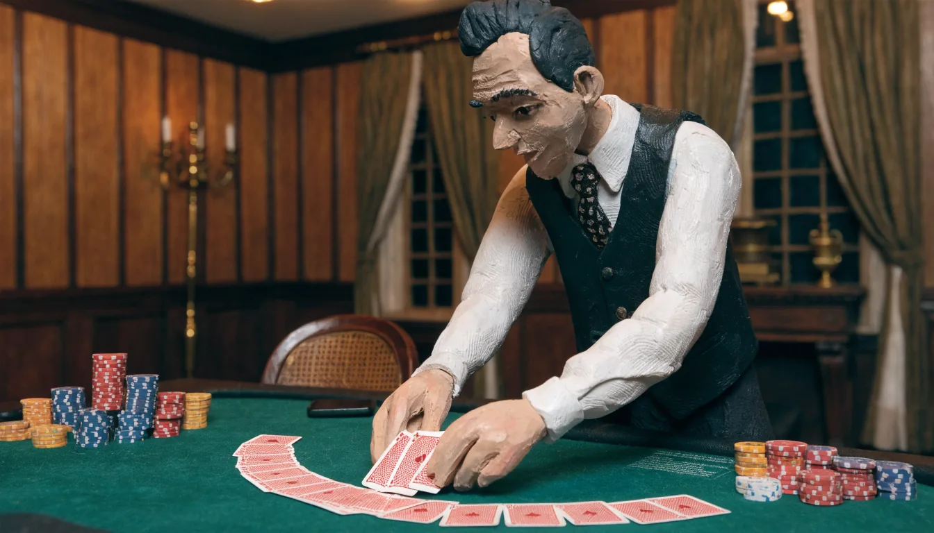 Live dealer dealing cards at a blackjack table with chips in a British gaming studio.