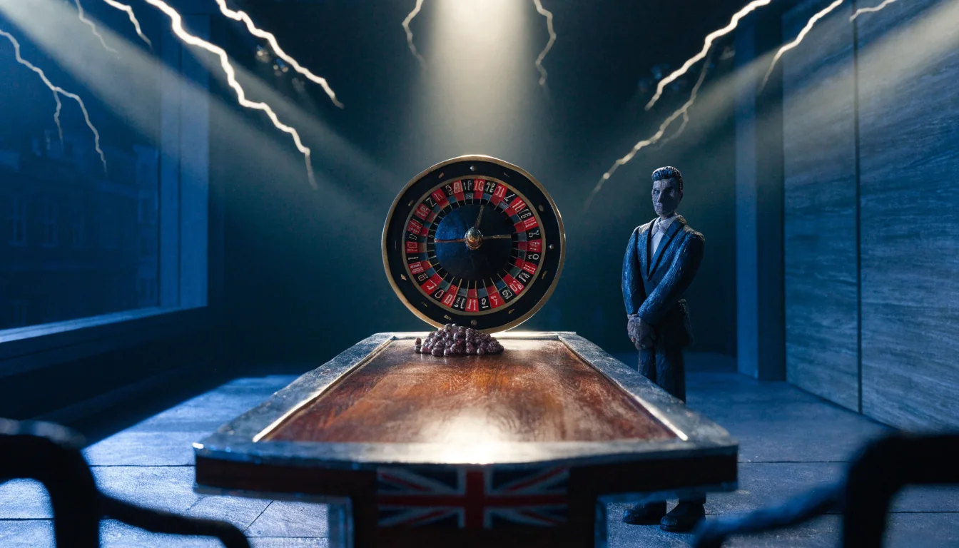 Live casino studio featuring a roulette wheel under lightning-style spotlights, croupier in formal attire, subtle British setting.
