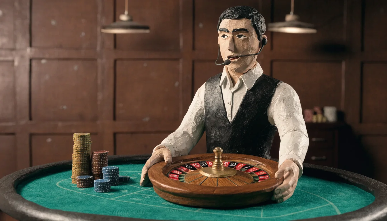 English-speaking croupier at a live roulette table in a UK studio.