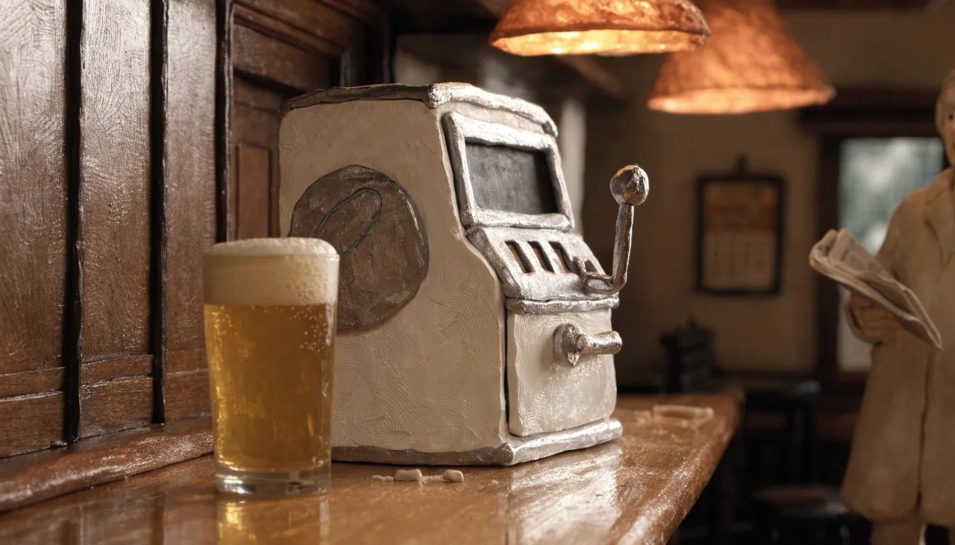 Slot machine on a pub counter under warm pendant lights.