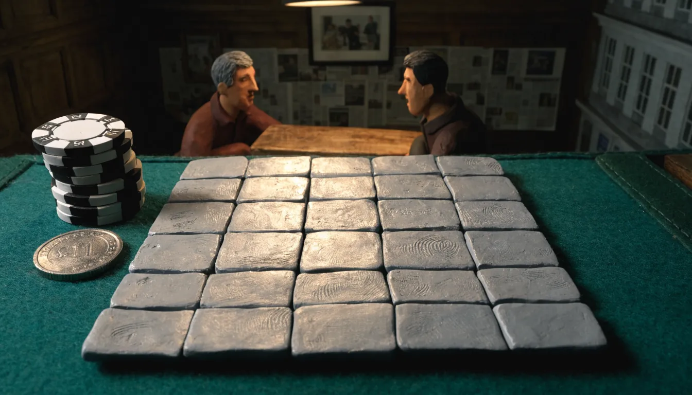 Grid of concealed tiles on a felt table with casino chips and a pound coin.
