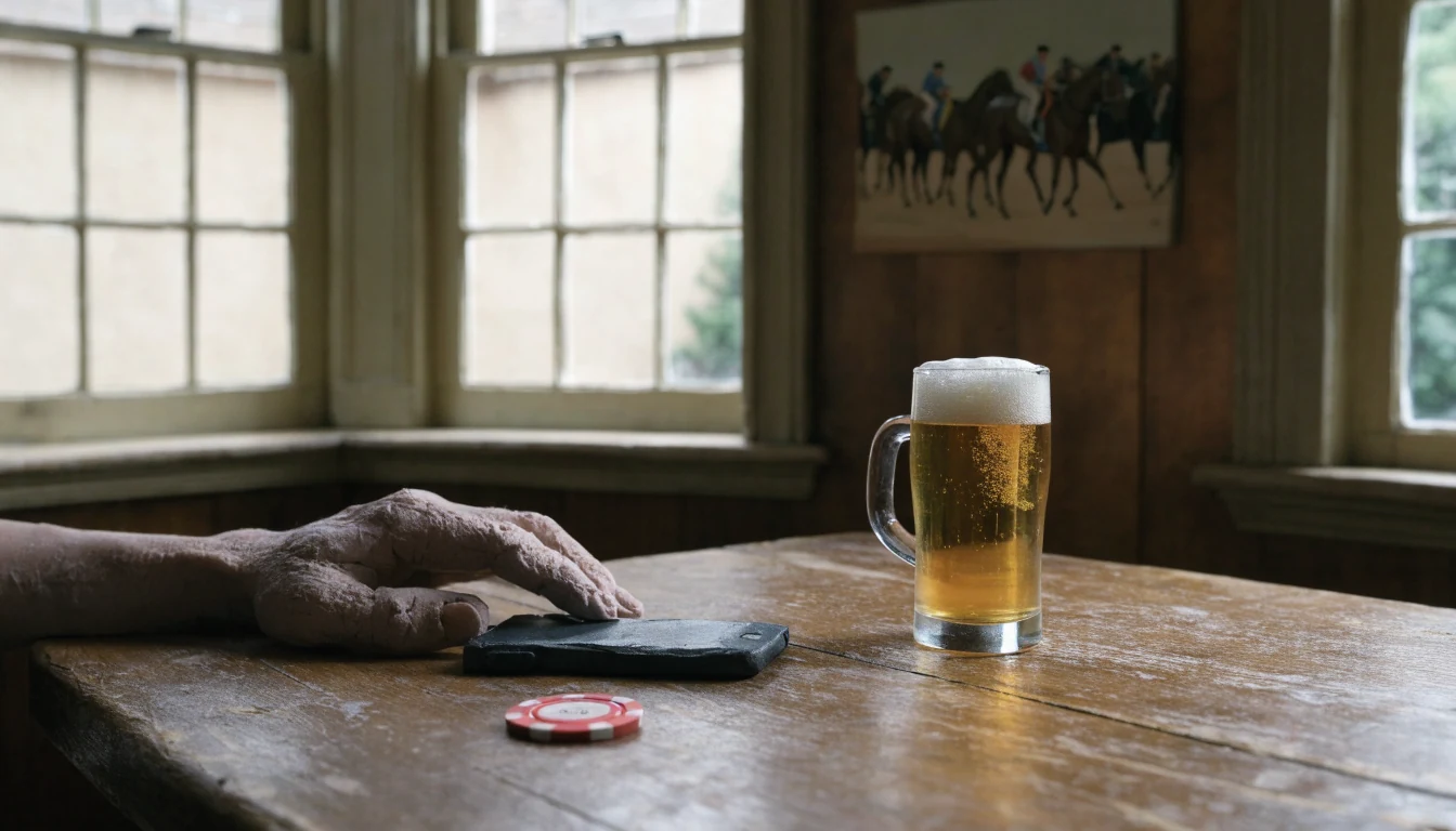 Hand holding a phone face-down on a British pub table beside a casino chip and a pint