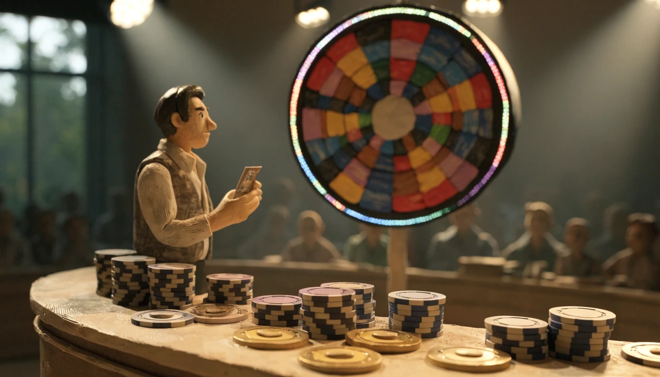 Live casino game show studio with a host next to a large spinning wheel and chips on a desk.