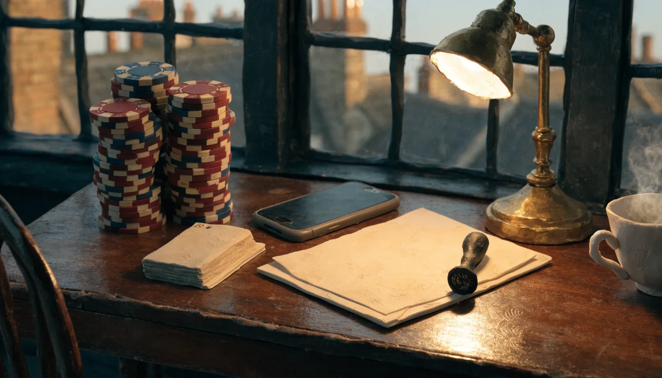 Mahogany desk with casino chips, face-down smartphone, sealed letter and tea in British study