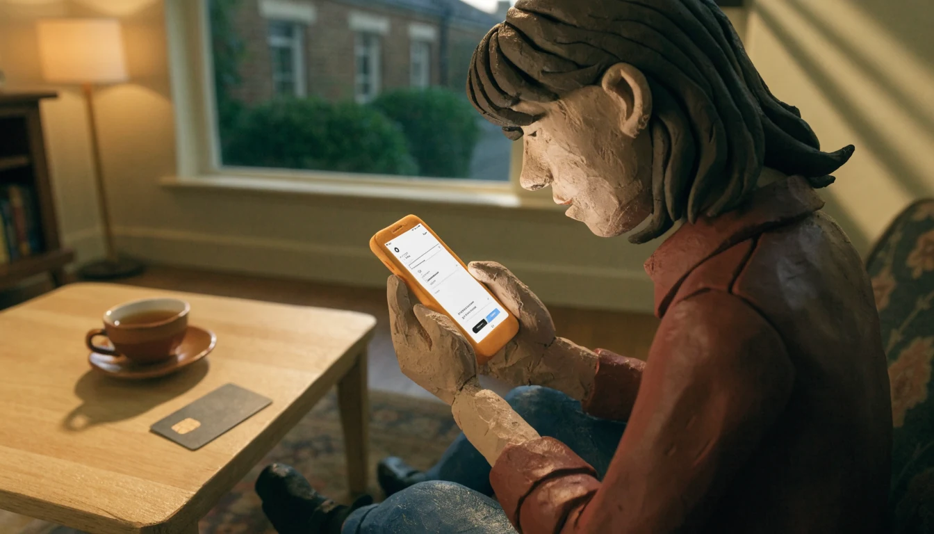 British player with smartphone and bank card in a warm living room