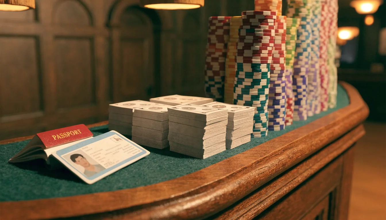 Casino cashier counter with pound notes, chips and an untouched passport beside them