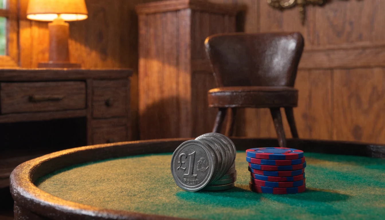 A pound coin beside a small stack of casino chips on a green felt table.