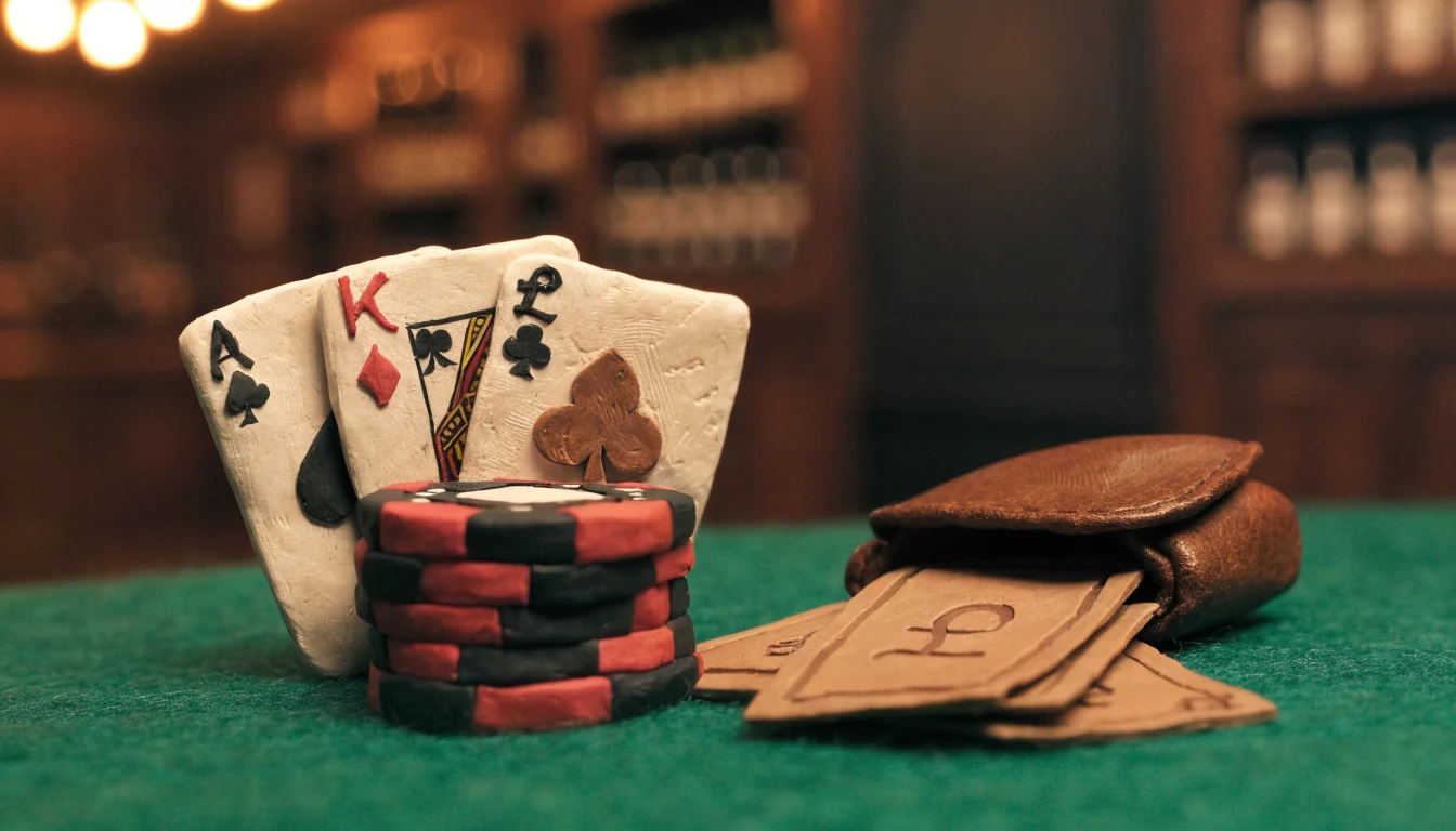 Casino chips, playing cards, and British pound notes on a green felt table.