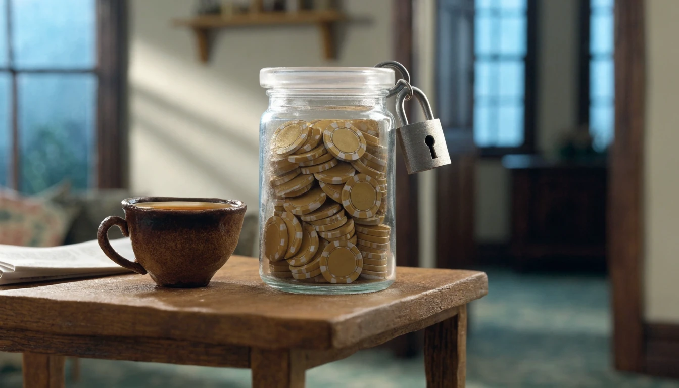 Sealed jar of casino chips on a table, suggesting no hidden wagering conditions.