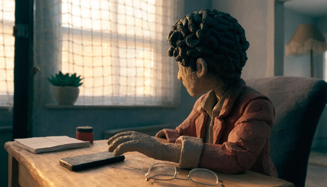 Person at desk by window with closed phone and notebook