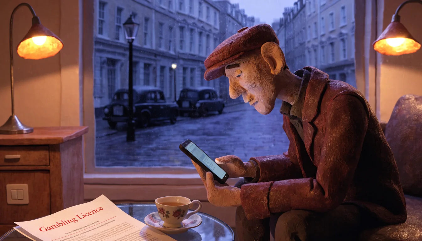 Man in UK living room reading licence document by phone light, rainy London street outside