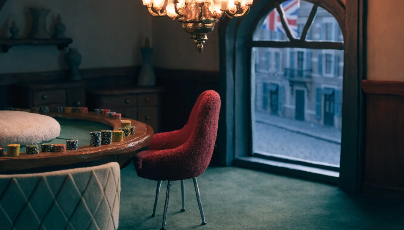 Empty European casino lounge with a roulette table, warm chandelier light, and arched window.