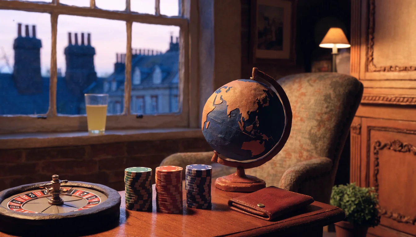 Roulette wheel, casino chips, globe and passport on a wooden table in a British lounge.