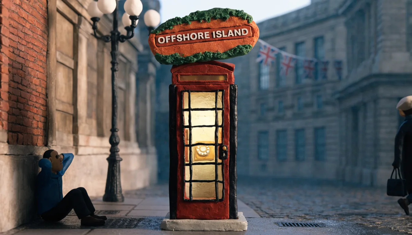 London telephone booth with offshore casino sign, UK setting