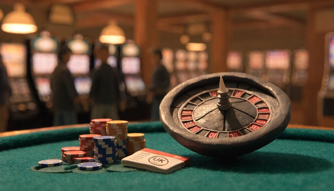 Casino table with roulette wheel, chips and UK passport