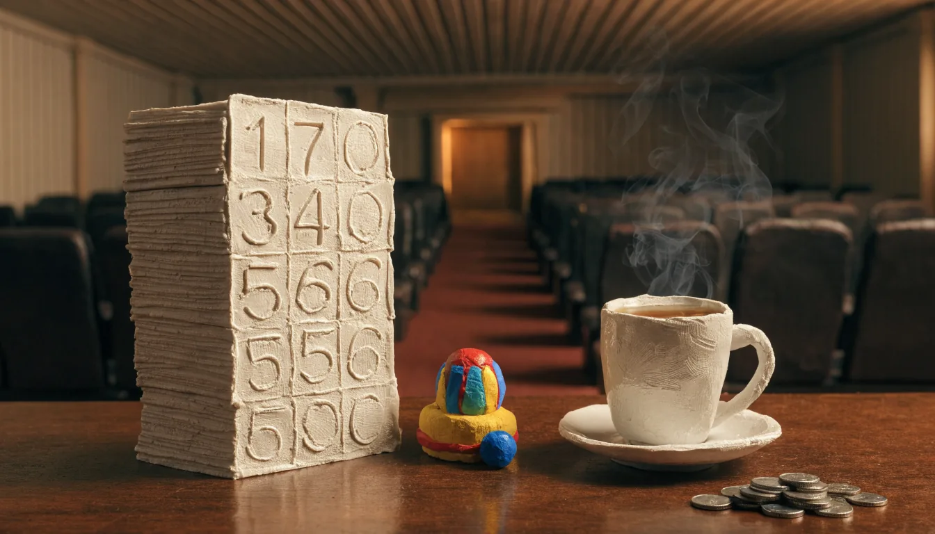 Traditional British bingo hall table with paper tickets, dabber pen, and a mug of tea