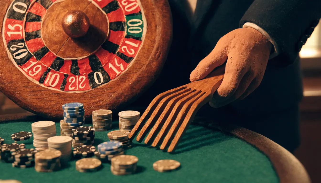 Close-up of an American roulette wheel with two green zeros and a croupier collecting chips.