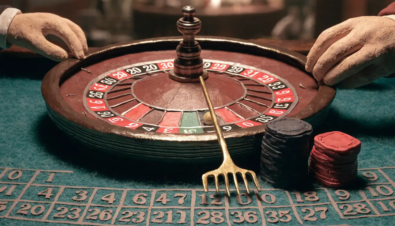 European roulette wheel with single zero, ball, chips and croupier rake on a casino table.