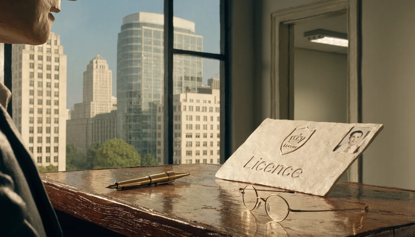 UK office desk with licensing certificate, brass pen, and London skyline through window