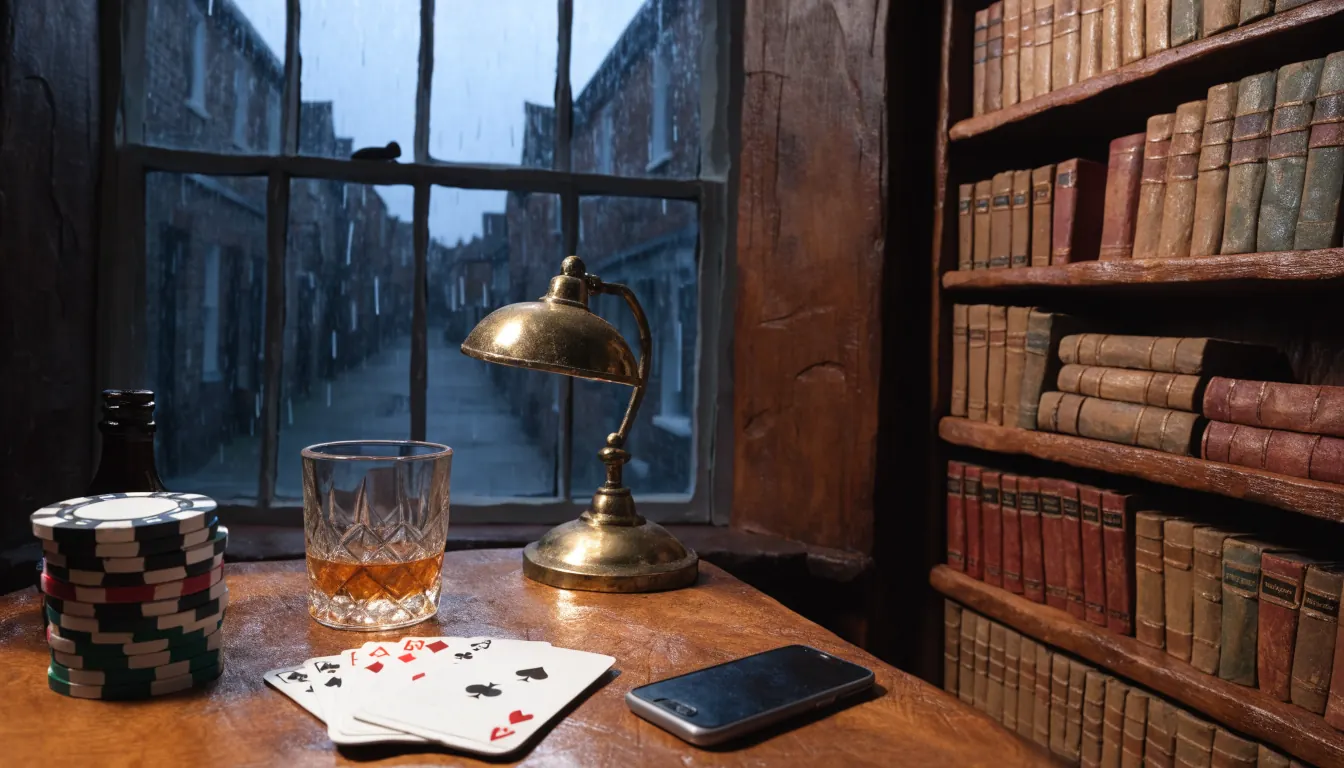 British study table with casino chips, playing cards, whisky, and a face-down phone by a rainy window.
