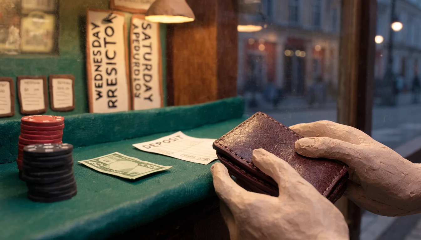 Casino cash desk with chips, banknote and wallet on green felt table