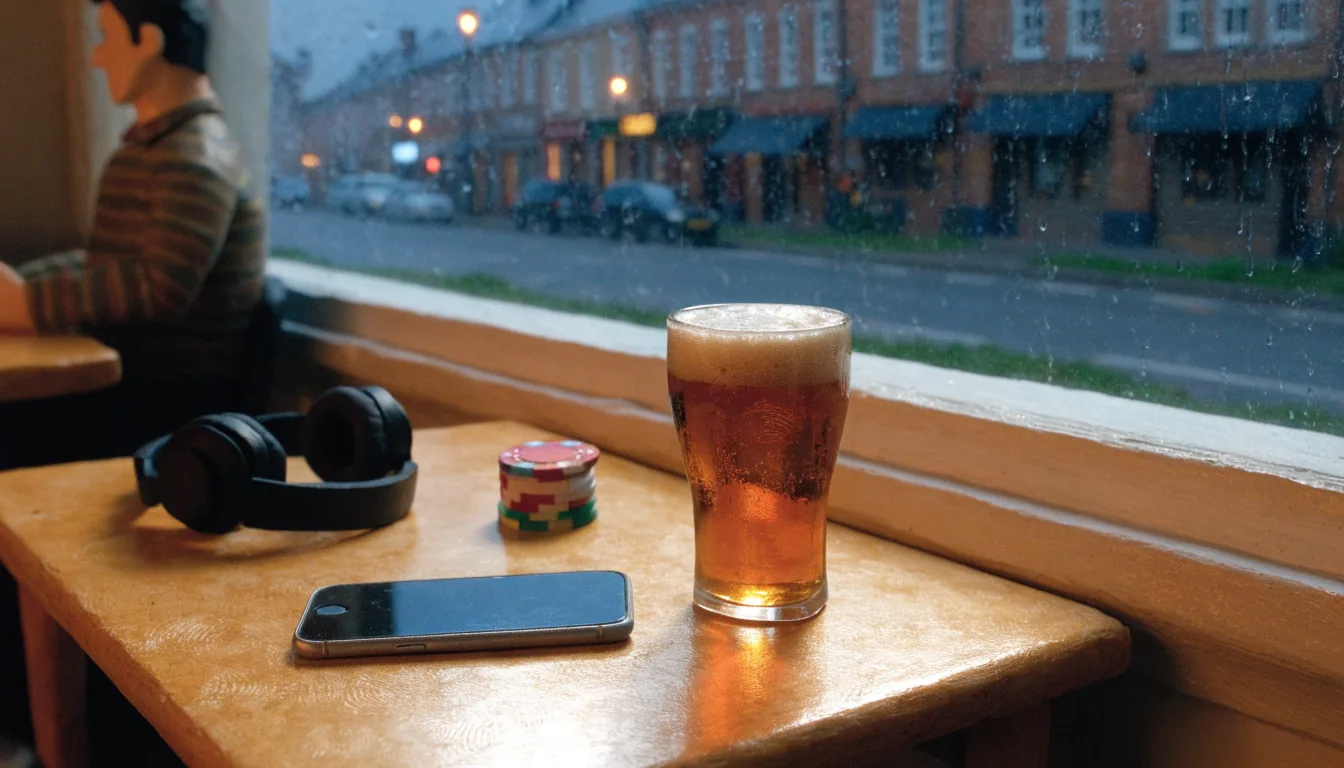 Phone, headphones, pint, and casino chips on a wooden pub table in a British town at evening.