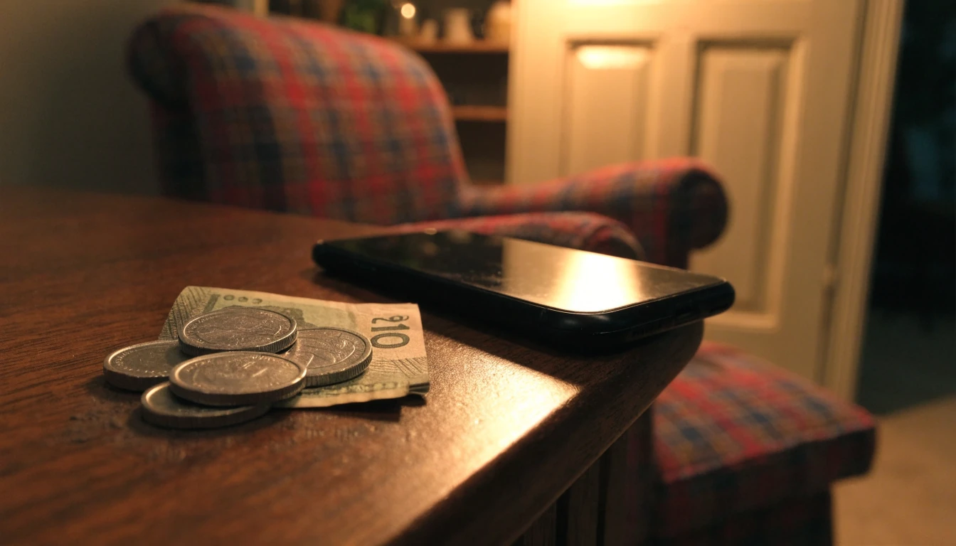 British pound coins beside a smartphone on a wooden table in a cozy UK living room.