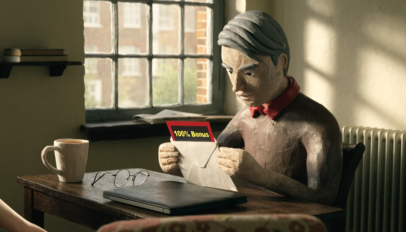 Man at London desk discovering a 100% casino bonus offer