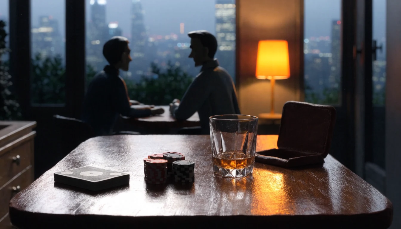 Casino chips, playing cards and whiskey glass on a table in a London apartment at night.