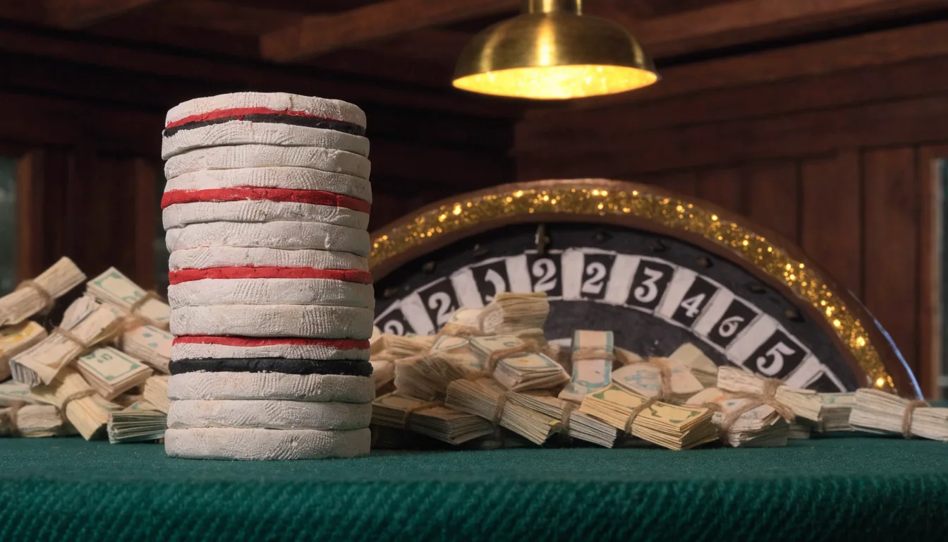 Casino chips, roulette wheel and banknotes on a green baize table