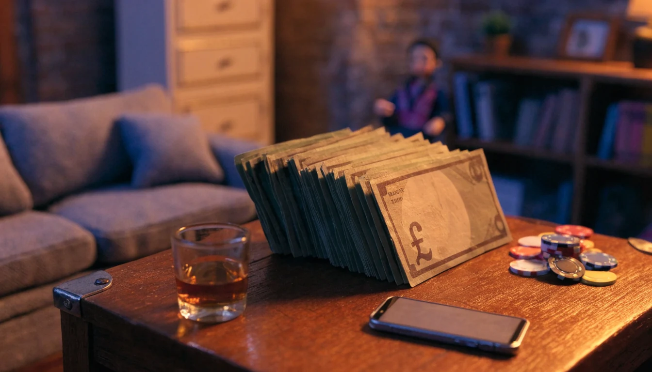 British pound banknotes fanned out with casino chips on a dark wooden table in a softly lit room.
