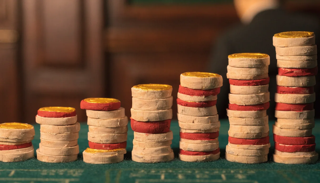 Progressively taller stacks of casino chips on a green felt table