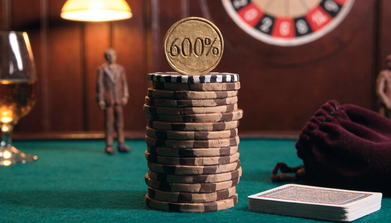 Casino chips with a 600% bonus token on a green felt table in an elegant lounge.