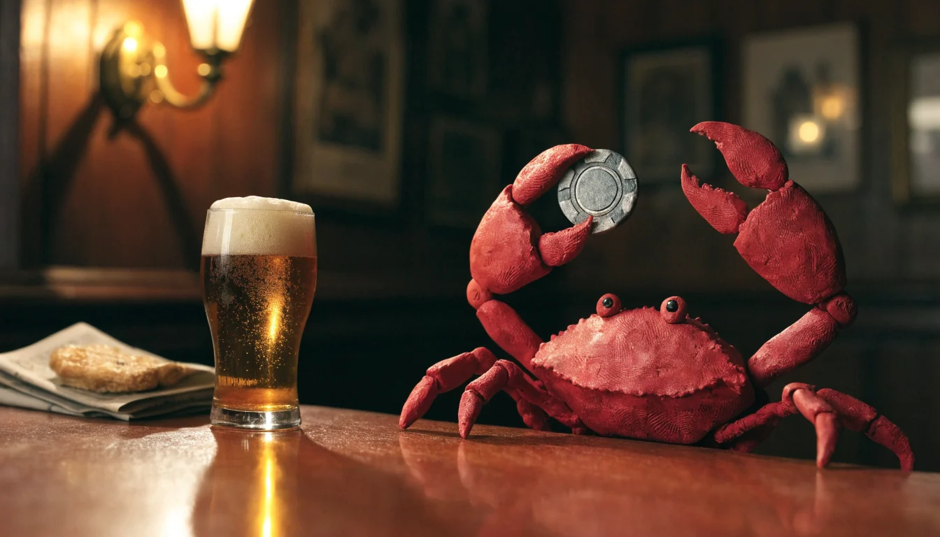 Red crab holding a chip on a classic British pub bar counter