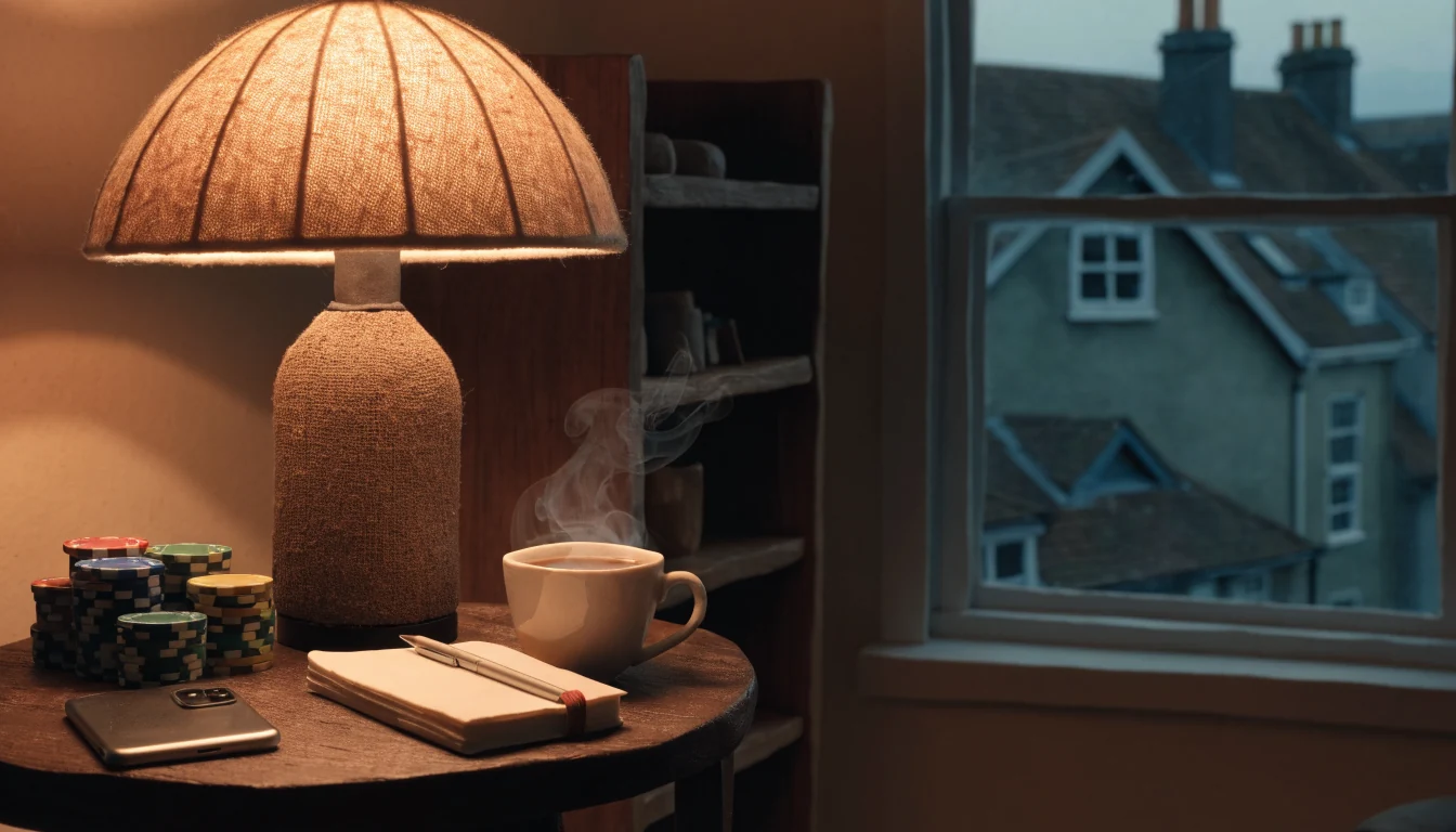 UK flat evening scene with casino chips, face-down phone, notebook, pen, and steaming cup of tea on a side table.