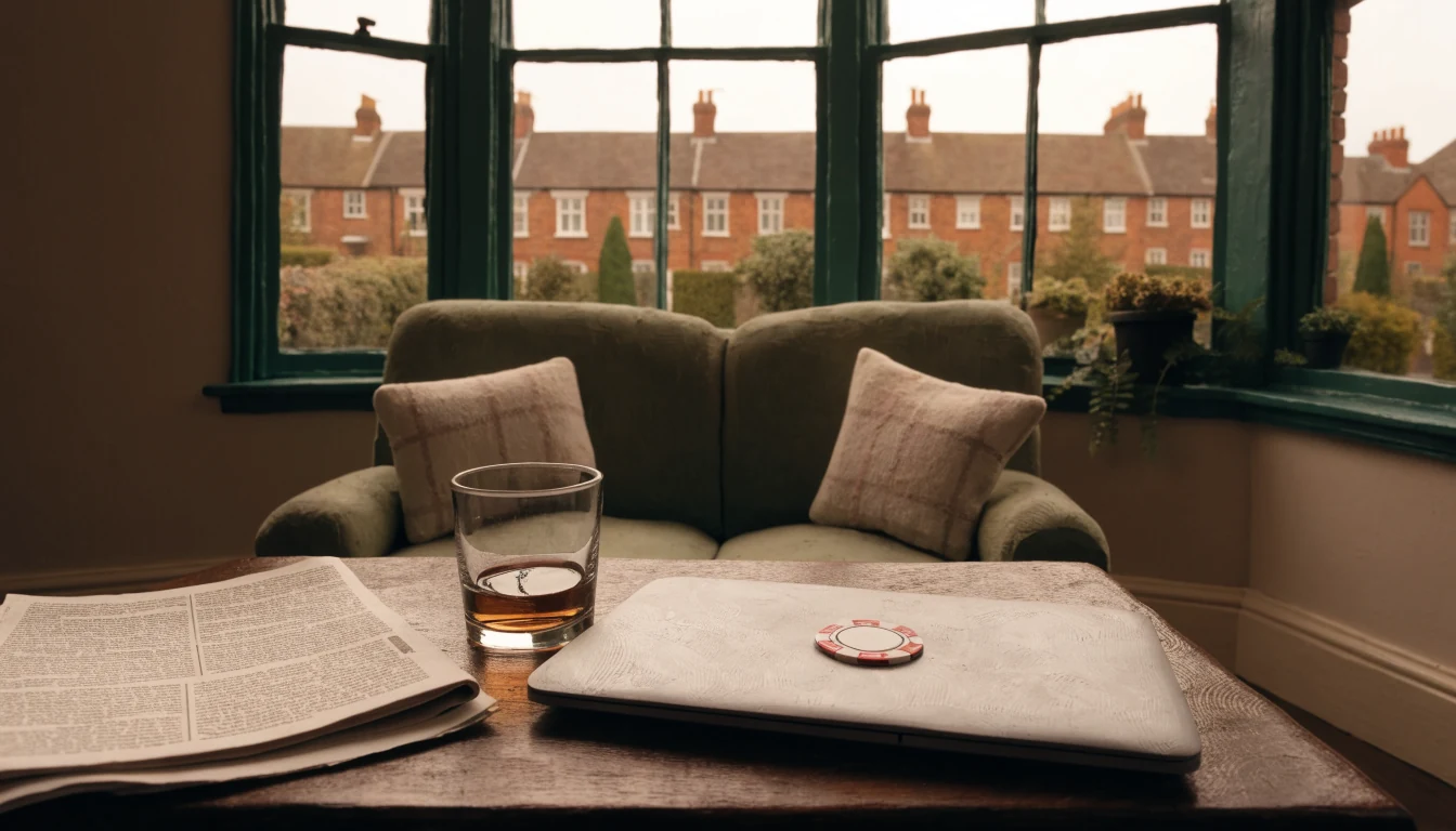 Closed laptop beside poker chip in a British terraced-house living room.