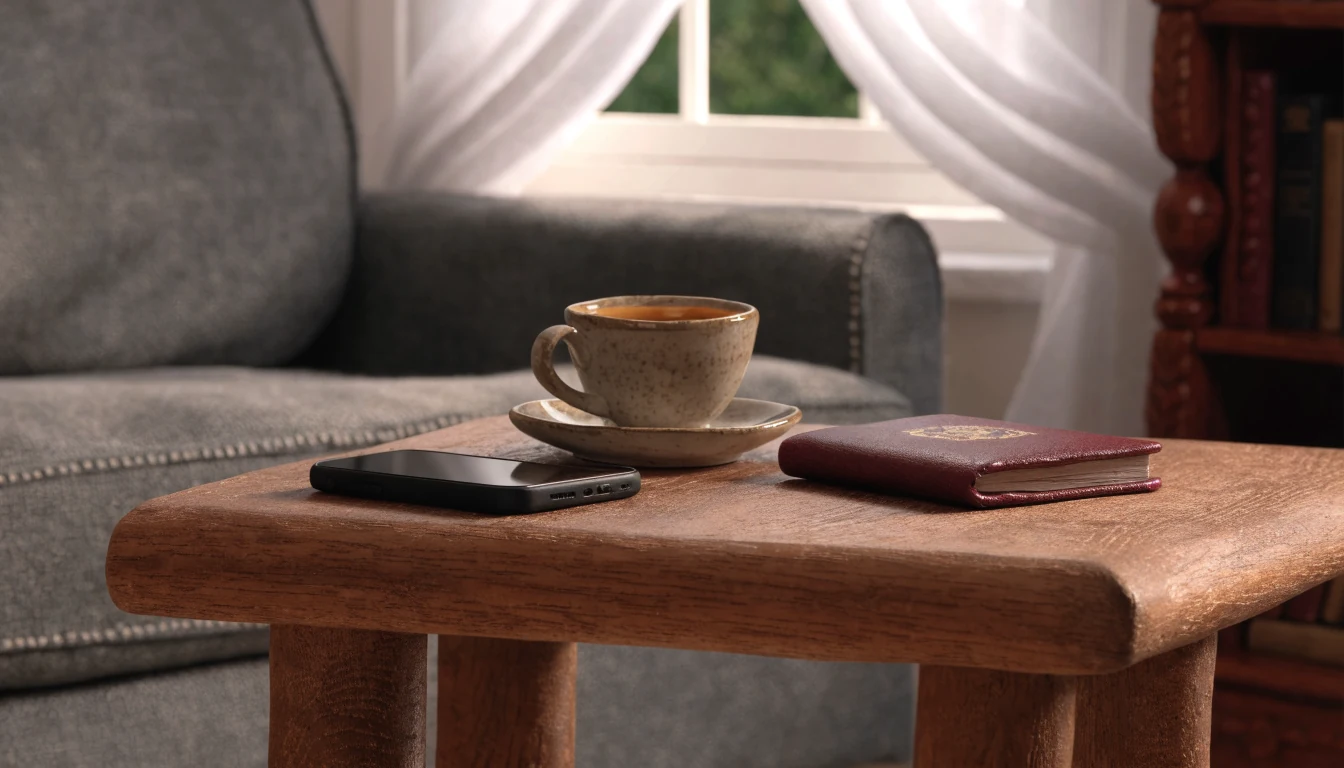 Smartphone on coffee table beside teacup and passport in a sunlit British living room.