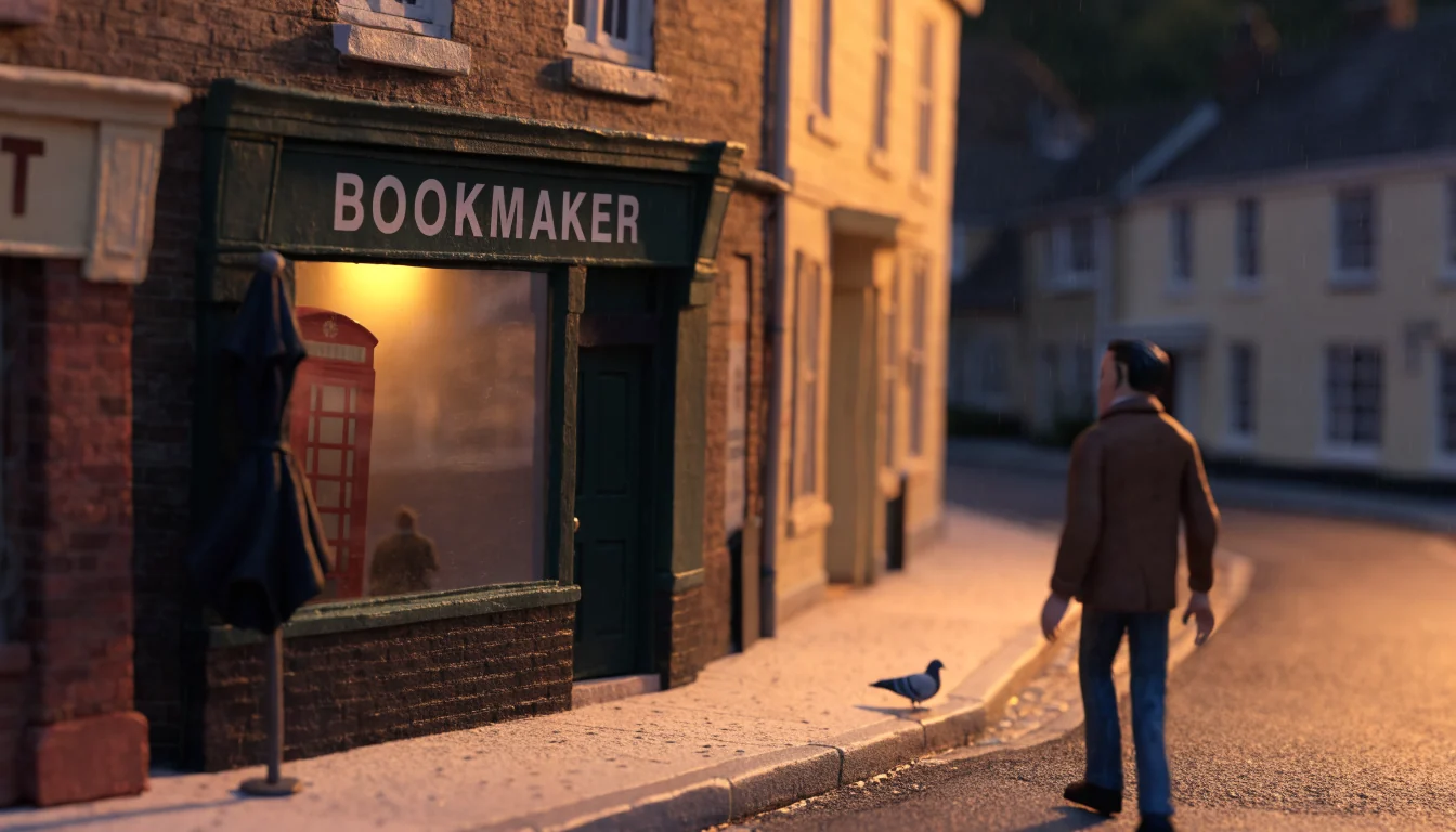 British high street at dusk with a softly lit bookmaker's shopfront