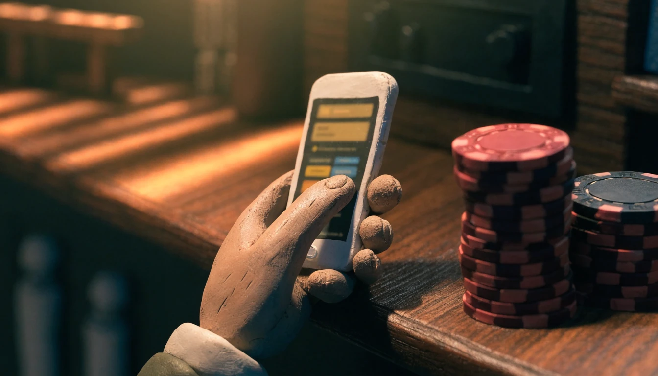 Hand holding smartphone near poker chips at a casino cashier counter