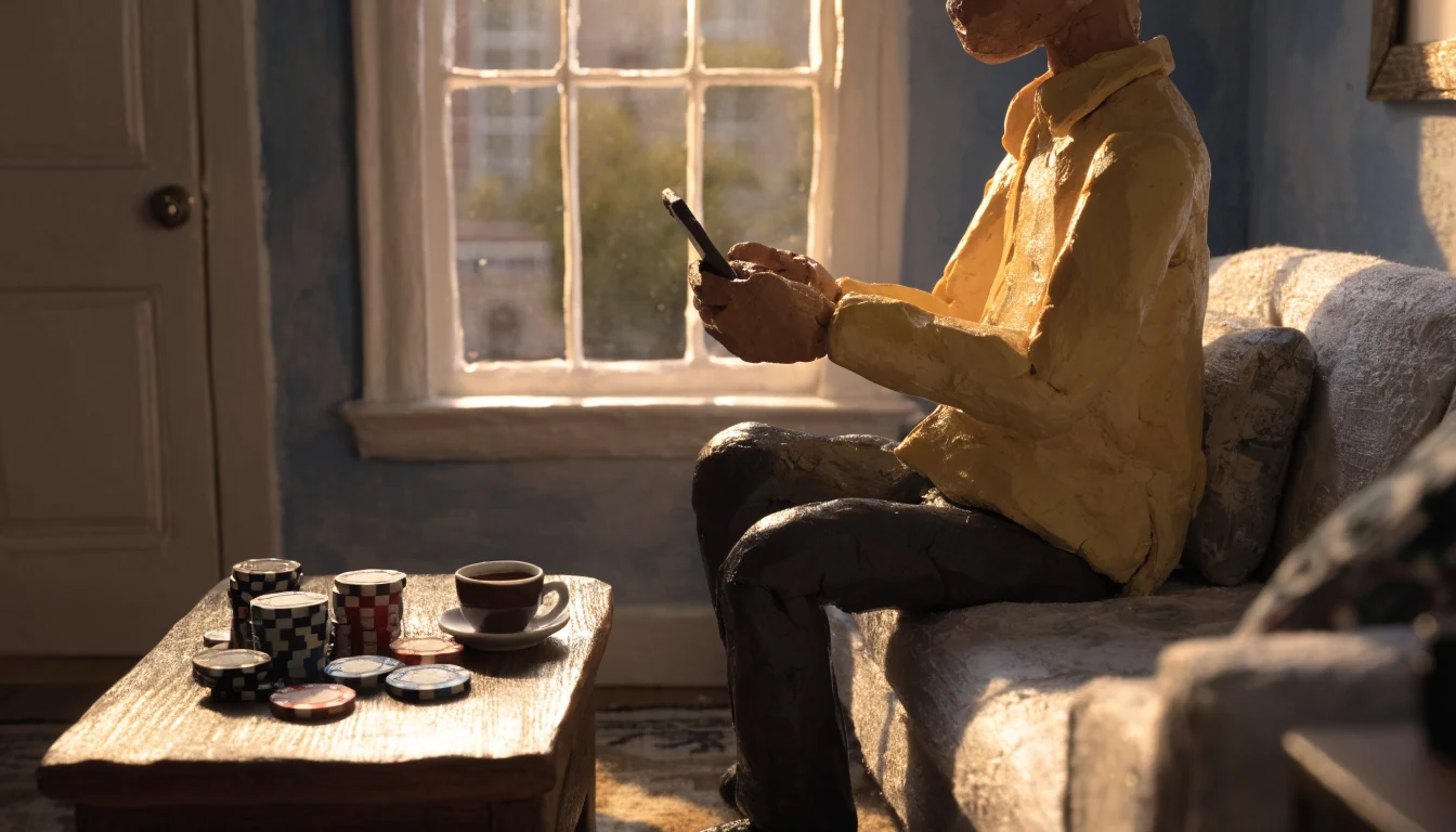 Adult on sofa holding phone with casino chips and teacup in UK flat