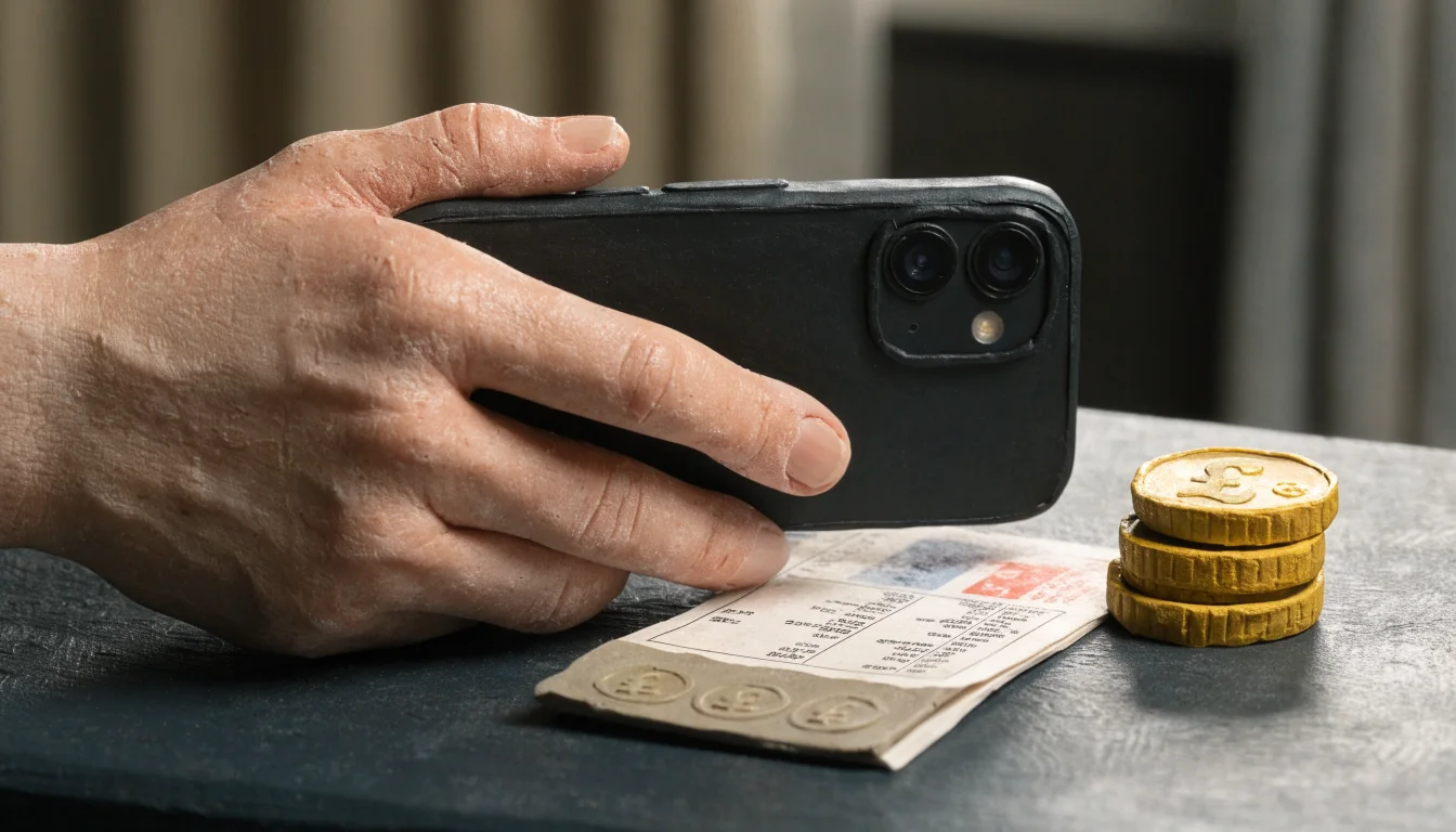 Hand holding a smartphone next to a phone bill and pound coins