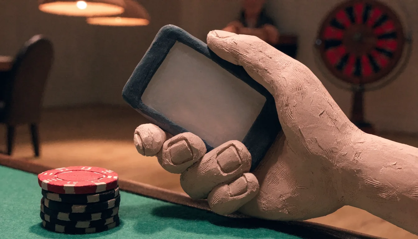 Hand holding a smartphone near casino chips on a green felt table in a British casino lounge.