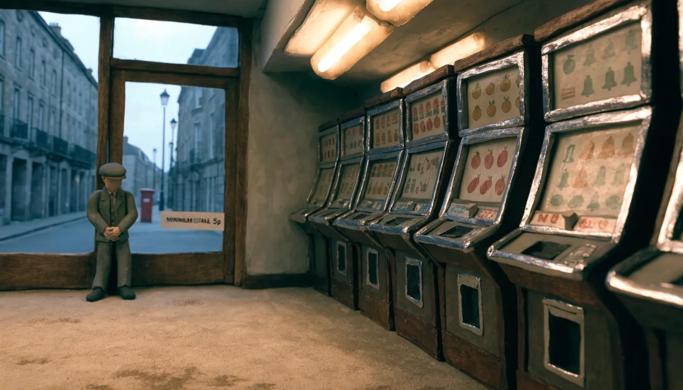 British high-street arcade interior with penny slot machines