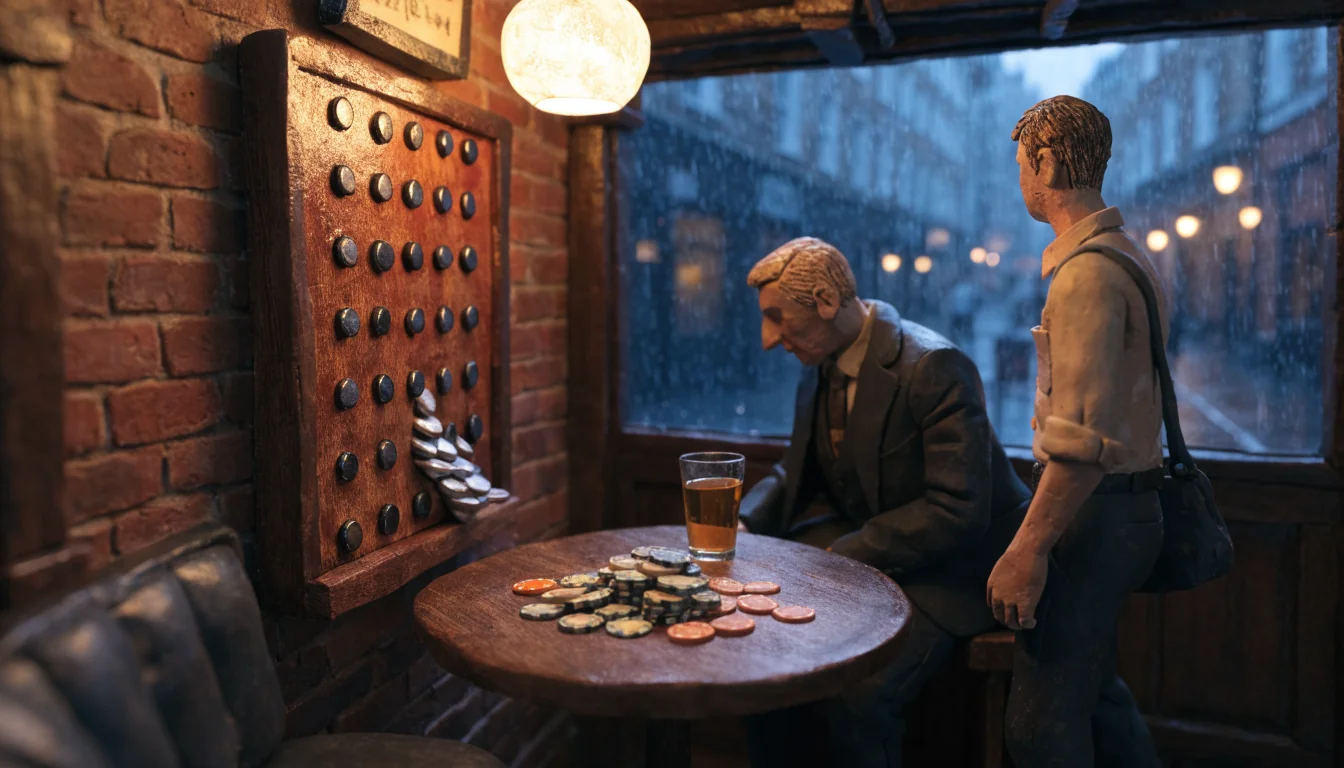 British pub lounge with a plinko board and betting chips on a table