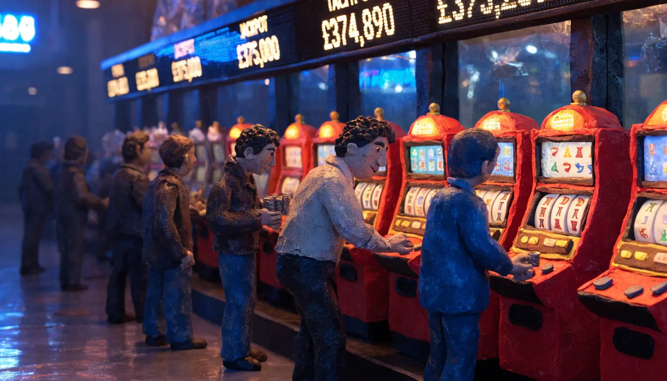 UK arcade interior with slot machines and a rising progressive jackpot counter