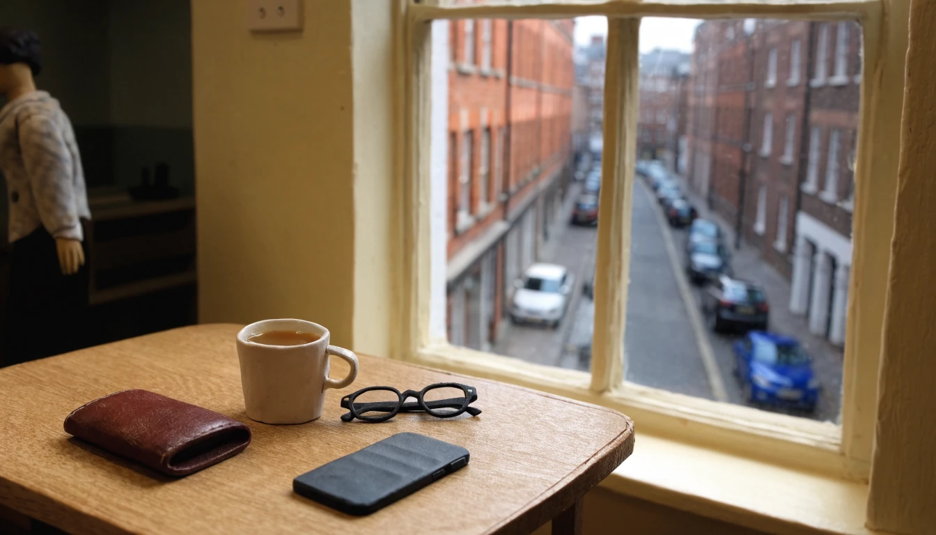British flat table with leather wallet, face-down phone, and tea mug by a sash window