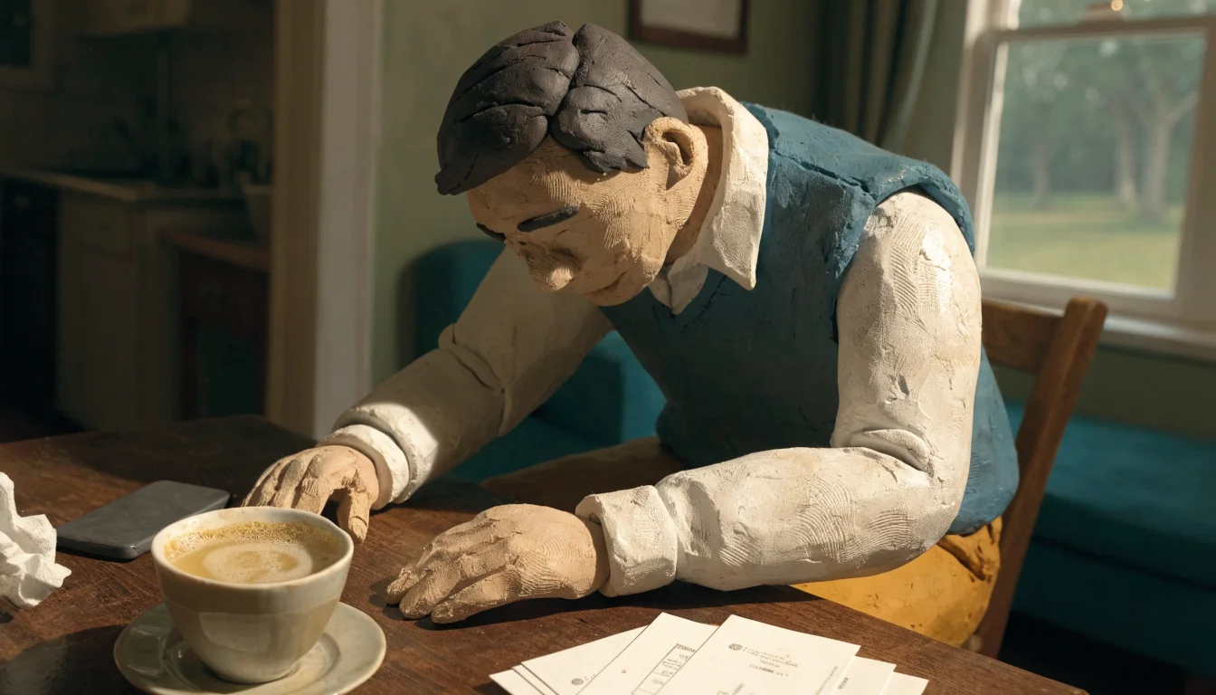 A man alone at a kitchen table beside a face-down phone and unopened bills, quiet evening