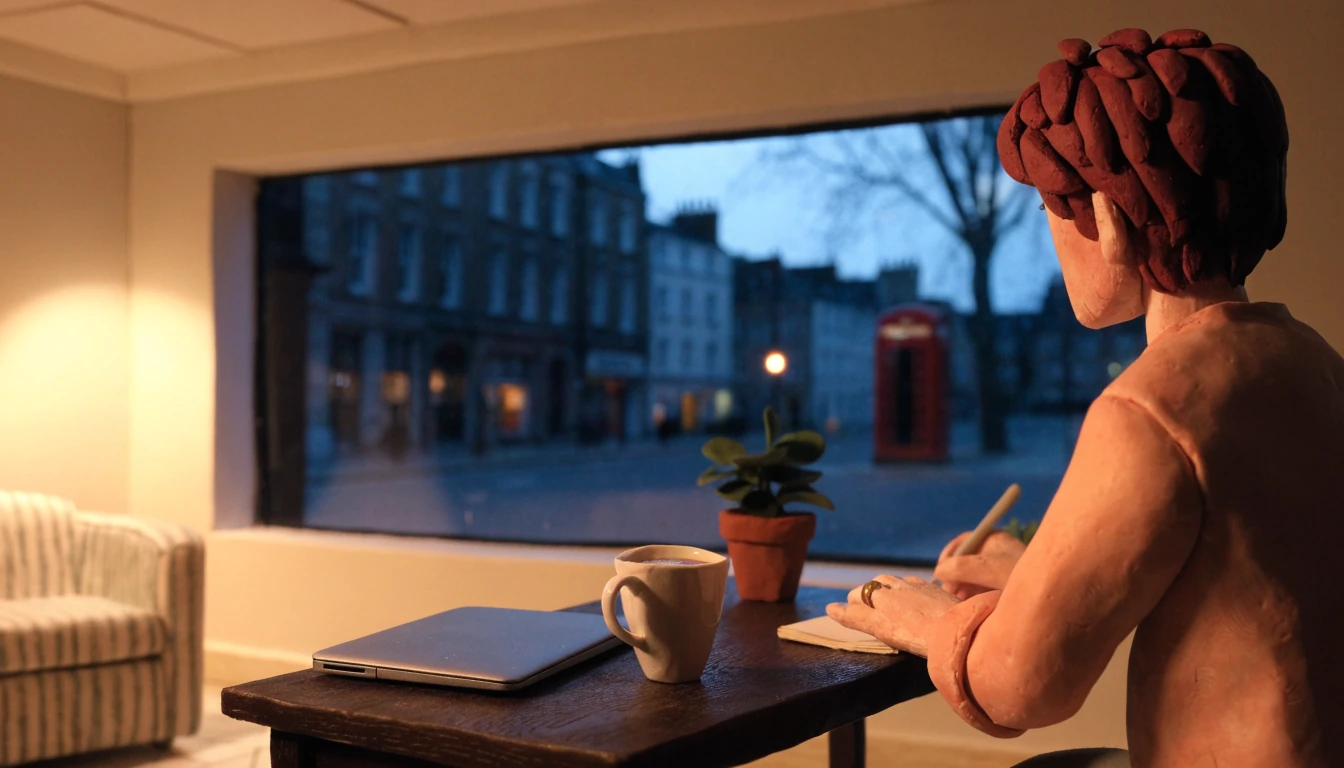 British home office desk with closed laptop, tea, and a London street view through the window.